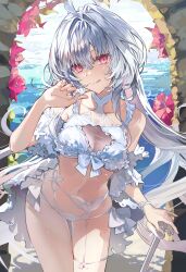 Rule 34 | 1girl, absurdres, ahoge, bare shoulders, bikini, breasts, cleavage, fate/grand order, fate (series), frilled bikini, frills, highres, lady avalon (fate), lady avalon (second ascension) (fate), licking lips, long hair, looking at viewer, medium breasts, merlin (fate/prototype), navel, poppoman, purple eyes, smile, solo, swimsuit, thighs, tongue, tongue out, very long hair, white bikini, white hair