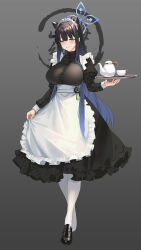 Rule 34 | 1girl, alternate costume, animal ears, apron, black dress, black footwear, black hair, blue archive, blue halo, blush, breasts, closed mouth, cup, dress, enmaided, frilled apron, frills, full body, green eyes, halo, highres, holding, holding tray, jamgom, juliet sleeves, large breasts, long hair, long sleeves, maid, maid apron, maid headdress, pantyhose, puffy sleeves, shoes, shun (blue archive), smile, solo, tiger ears, tray, white apron, white pantyhose