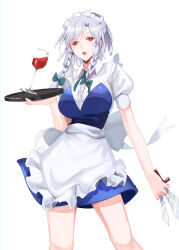 Rule 34 | 1girl, absurdres, apron, between fingers, blue dress, blush, braided sidelock, breasts, cup, dress, drinking glass, feet out of frame, grey hair, highres, holding, holding knife, holding tray, izayoi sakuya, knife, knives between fingers, large breasts, looking at viewer, maid, maid headdress, puffy short sleeves, puffy sleeves, red eyes, shirt, short sleeves, simple background, solo, tohoyuukarin, touhou, tray, waist apron, white apron, white background, white shirt, wine glass