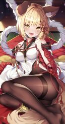 Rule 34 | 1girl, absurdres, animal ears, bare shoulders, black choker, blonde hair, braid, breasts, choker, detached sleeves, dog ears, dog girl, dog tail, granblue fantasy, hair ornament, hakama, highres, hyouta (yoneya), japanese clothes, large breasts, looking at viewer, no panties, nontraditional miko, open mouth, pantyhose, ribbon-trimmed sleeves, ribbon trim, rope, shimenawa, smile, solo, tail, thighs, vajra (granblue fantasy), wide sleeves, yellow eyes