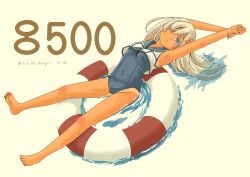Rule 34 | 1girl, afloat, bare legs, barefoot, blonde hair, blue eyes, blush, breasts, character name, crop top, flower, hair flower, hair ornament, highres, japanese flag, kantai collection, lifebuoy, long hair, looking at viewer, medium breasts, nontraditional school swimsuit, one-piece swimsuit, one-piece tan, pot-de, ro-500 (kancolle), sailor collar, school swimsuit, school uniform, serafuku, small breasts, solo, swim ring, swimsuit, swimsuit under clothes, tan, tanline, torpedo, water