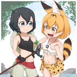 Rule 34 | 2girls, animal ears, black hair, black tank top, blonde hair, blue eyes, blush, breasts, cat ears, cat tail, chis (js60216), closed mouth, collarbone, fangs, fish, fishing, hand on another&#039;s shoulder, hat, highres, kaban (kemono friends), kemono friends, looking at another, midriff, multiple girls, navel, open mouth, outdoors, polearm, print skirt, saliva, serval (kemono friends), serval print, shiny skin, short hair, skirt, small breasts, smile, spear, straw hat, tail, tank top, torn clothes, weapon, yellow eyes