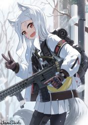 Rule 34 | 1girl, :d, absurdres, animal ears, backpack, bag, bare tree, black pantyhose, blush, brown eyes, brown gloves, commentary request, day, facial mark, fang, fox ears, fox girl, fox tail, gloves, gun, highres, holding, holding gun, holding weapon, jacket, junshiki, long hair, long sleeves, open mouth, outdoors, pantyhose, parted bangs, pleated skirt, pole, sewayaki kitsune no senko-san, shiro (sewayaki kitsune no senko-san), short eyebrows, signature, skirt, smile, snowing, solo, tail, thick eyebrows, tree, trigger discipline, v, very long hair, weapon, weapon request, whisker markings, white hair, white jacket, white skirt