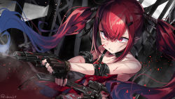Rule 34 | 1girl, abarabone, absurdres, axe, bare shoulders, black gloves, blood, breasts, collarbone, cz75 (girls&#039; frontline), cz 75, dual wielding, fingerless gloves, floating hair, girls&#039; frontline, gloves, gun, hair ornament, hairclip, handgun, highres, holding, holding gun, holding weapon, long hair, looking afar, parted lips, red eyes, red hair, ribbon, scope, sleeveless, smoke trail, solo, tomahawk, twintails, very long hair, weapon
