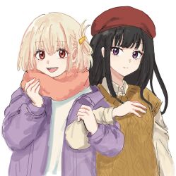 Rule 34 | 2girls, beret, black hair, blonde hair, brown sweater vest, closed mouth, collared shirt, commentary, dress shirt, hair ornament, hairclip, hashtag-only commentary, hat, highres, inoue takina, jacket, kumtlekumtle, locked arms, long hair, long sleeves, looking at viewer, lycoris recoil, multiple girls, nishikigi chisato, one side up, open clothes, open jacket, open mouth, pink scarf, purple eyes, purple jacket, red eyes, red hat, scarf, shirt, short hair, sidelocks, simple background, sweater vest, teeth, upper body, upper teeth only, white background, white shrug