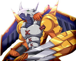 Rule 34 | armor, breastplate, brown hair, claws, clenched hand, commentary request, digimon, digimon (creature), digimon adventure, from side, green eyes, helmet, horns, looking up, no humans, pandacross, simple background, solo, wargreymon, white background, wings