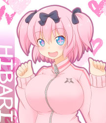 Rule 34 | + +, 10s, 1girl, blue eyes, blush, bow, breasts, female focus, hair bow, heart, heart background, hibari (senran kagura), highres, jacket, kasumisometsuki, large breasts, looking at viewer, open mouth, pink hair, senran kagura, short hair, short twintails, simple background, smile, solo, symbol-shaped pupils, track jacket, twintails