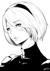 Rule 34 | 1girl, greyscale, hairband, lineart, mole, mole under mouth, monochrome, nanahime, nier:automata, nier (series), parted lips, short hair, signature, simple background, solo, white background, 2b (nier:automata)