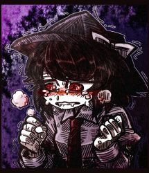 Rule 34 | blush, bow, bowtie, brown hair, business suit, clenched hands, clenched teeth, collared shirt, crying, fedora, formal, hat, looking down, necktie, purple background, quiver, red eyes, sad, shaking, shirt, steam, suenari (peace), suit, sweat, tears, teeth, touhou, usami renko