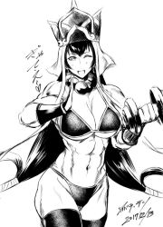 Rule 34 | 1girl, abs, bikini, black hair, breasts, cleavage, fate/grand order, fate (series), female focus, large breasts, long hair, looking at viewer, monochrome, muscular, muscular female, navel, shibusun, solo, swimsuit, thong, weights, wink, wrist guards, xuangzang sanzang (fate)