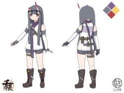 Rule 34 | 1girl, bare shoulders, black footwear, boots, closed mouth, color guide, commentary request, cross-laced footwear, detached sleeves, eyewear on head, gloves, grey gloves, grey hair, grey shorts, grey socks, highres, horns, kuro kosyou, lace-up boots, long hair, long sleeves, looking at viewer, multiple views, oni, oni horns, original, partially fingerless gloves, red eyes, shirt, short shorts, shorts, simple background, sleeveless, sleeveless shirt, socks, sunglasses, very long hair, white background, white shirt, white sleeves