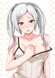 Rule 34 | 1girl, absurdres, blush, breasts, brown eyes, cleavage, collarbone, embarrassed, fire emblem, fire emblem awakening, highres, large breasts, light blush, looking at viewer, nintendo, off shoulder, open mouth, polka dot, polka dot background, robin (female) (fire emblem), robin (fire emblem), shiny skin, silver hair, solo, strap slip, twintails, upper body, wavy mouth, yakuryo