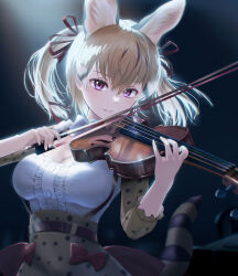 Rule 34 | animal ears, bow, bow (music), bowtie, brown hair, cat ears, cat girl, cat tail, extra ears, highres, instrument, isho k10000, kemono friends, kemono friends v project, large-spotted genet (kemono friends), long hair, purple eyes, ribbon, shirt, skirt, suspenders, tail, twintails, violin, virtual youtuber
