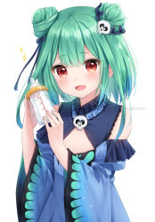 Rule 34 | 1girl, :d, baby bottle, bad id, bad pixiv id, blue bow, blue dress, blue flower, blue sleeves, blush, bottle, bow, commentary request, detached sleeves, double bun, dress, flower, green hair, hair between eyes, hair bow, hair bun, hair flower, hair ornament, hands up, holding, holding bottle, hololive, juliet sleeves, long hair, long sleeves, looking at viewer, open mouth, puffy sleeves, red eyes, simple background, skull hair ornament, sleeveless, sleeveless dress, smile, solo, twitter username, upper body, uruha rushia, uruha rushia (1st costume), virtual youtuber, white background, yumoran