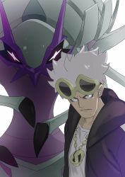 Rule 34 | 1boy, black hair, brown jacket, commentary request, creatures (company), eyeshadow, eyewear on head, frown, game freak, gen 7 pokemon, golisopod, guzma (pokemon), highres, hood, hood down, hooded jacket, jacket, looking to the side, makeup, male focus, multicolored hair, nintendo, ohashi aito, parted lips, pokemon, pokemon (creature), pokemon sm, shirt, sunglasses, team skull, two-tone hair, undercut, white background, white hair, white shirt, yellow-framed eyewear