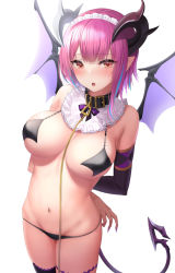 Rule 34 | 1girl, :o, arms behind back, bikini, black bow, black panties, blunt bangs, blush, bow, breasts, collar, commentary request, demon girl, demon tail, elbow gloves, fang, fingernails, gloves, groin, highres, horns, large breasts, leash, long fingernails, looking at viewer, mizuya nao, nail polish, navel, open mouth, original, panties, pointy ears, sharp fingernails, short hair, simple background, skindentation, solo, swimsuit, tail, thighhighs, underwear, viewer holding leash, white background, wings