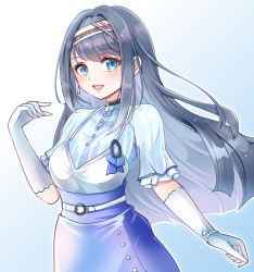 Rule 34 | 1041 (toshikazu), black hair, blue eyes, blue hairband, blue shirt, blue skirt, breasts, copyright request, earrings, floating hair, gloves, gradient background, hair behind ear, hairband, highres, jewelry, long hair, looking at viewer, medium breasts, open mouth, shimanami kakino, shirt, single earring, skirt, solo, virtual youtuber, white gloves