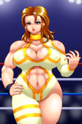 Rule 34 | 1girl, abs, birthmark, breasts, brown hair, choker, cleavage, cleavage cutout, clothing cutout, eyeshadow, hip focus, large breasts, lips, lipstick, makeup, mascara, mixed wrestling, mole, muscular, solo, spandex, wide hips, wrestler, wrestling outfit, wrestling ring