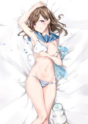 Rule 34 | 1girl, absurdres, anchor print, arm up, armpits, bed sheet, bikini, blush, breast hold, breasts, brown hair, cleavage, commentary request, dakimakura (medium), from above, groin, head tilt, highres, hip bones, light blush, light frown, lips, looking at viewer, lying, medium breasts, medium hair, mismatched bikini, navel, on back, on bed, open mouth, original, print bikini, print bikini top, purple eyes, sailor bikini, sailor collar, side-tie bikini bottom, solo, strap slip, striped bikini, striped bikini bottom, striped clothes, stuffed animal, stuffed penguin, stuffed toy, swept bangs, swimsuit, thighs, untied bikini, zagashira