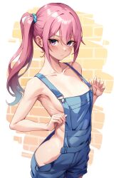 Rule 34 | 1girl, blue overalls, blush, breasts, brick wall, commentary request, cowboy shot, dosu (doseven), hair ornament, hair scrunchie, highres, long hair, looking at viewer, naked overalls, nude, original, overall shorts, overalls, pink eyes, pink hair, ribs, scrunchie, side ponytail, sideboob, small breasts, solo