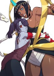 Rule 34 | 2girls, black hair, blue eyes, bob cut, breasts, dark-skinned female, dark skin, detached sleeves, eliza (skullgirls), evil grin, evil smile, exposed bone, from above, ganno, grin, hair over one eye, hug, large breasts, looking at viewer, multiple girls, nail polish, red eyes, red nails, ribs, short hair, sideboob, skullgirls, smile, squigly (skullgirls), stitched mouth, stitches, striped sleeves, tiara, vambraces