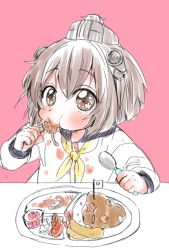 Rule 34 | 10s, 1girl, bad id, bad twitter id, brown hair, curry, curry rice, dress, eating, food, japanese flag, kantai collection, messy, onigiri noka, pasta, pink background, puffy cheeks, rice, sailor dress, short hair, solo, spaghetti, spoon, tempura, tomato, utensil in mouth, yukikaze (kancolle)