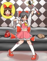Rule 34 | 2girls, \n/, ascot, bag, benikurage (cookie), black hair, blush, bow, breasts, brown eyes, brown hair, checkered wall, closed eyes, collared shirt, commentary request, cookie (touhou), couch, detached sleeves, frilled bow, frilled hair tubes, frilled shirt collar, frilled skirt, frills, full body, gloves, hair bow, hair tubes, hakurei reimu, half updo, handbag, holding, holding wand, knb (nicoseiga53198051), looking at viewer, magical girl, mary janes, medium breasts, midriff, multiple girls, navel, not present, open mouth, orange scarf, parted bangs, pink scarf, pink shirt, pink skirt, red bow, red footwear, sananana (cookie), sarashi, scarf, shirt, shoes, short hair, sidelocks, skirt, skirt set, sleeveless, sleeveless shirt, smile, socks, striped clothes, striped scarf, thumbs up, touhou, wand, white gloves, white sleeves, white socks, wide sleeves, yellow ascot, yin yang