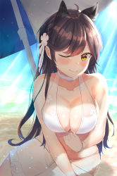 Rule 34 | 1girl, absurdres, ahoge, albi, animal ears, atago (azur lane), atago (summer march) (azur lane), atago (summer march) (azur lane), azur lane, bad id, bad pixiv id, bare arms, bare shoulders, beach umbrella, bikini, black hair, blush, breasts, brown eyes, choker, cleavage, closed mouth, collarbone, commentary request, day, flower, hair flower, hair ornament, halterneck, highres, large breasts, long hair, looking at viewer, mole, mole under eye, one eye closed, outdoors, sarong, sidelocks, smile, solo, sunlight, swimsuit, umbrella, wet, white bikini
