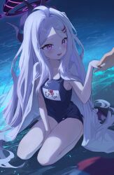 Rule 34 | 1girl, 1other, absurdres, bare legs, between legs, blue archive, blue one-piece swimsuit, blush, demon girl, demon horns, demon wings, grey hair, hair ornament, hairclip, halo, hand between legs, highres, hina (blue archive), hina (swimsuit) (blue archive), horns, long hair, looking at another, low wings, name tag, night, official alternate costume, old school swimsuit, one-piece swimsuit, open mouth, outdoors, purple eyes, same (samefgo), school swimsuit, seiza, sitting, swimsuit, very long hair, water, whistle, whistle around neck, wings