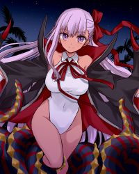Rule 34 | 1girl, bare shoulders, bat wings, bb (fate), bb (fate) (all), bb (swimsuit mooncancer) (fate), bb (swimsuit mooncancer) (third ascension) (fate), black coat, blush, breasts, coat, covered navel, curvy, dark-skinned female, dark skin, fate/grand order, fate (series), female focus, gloves, hair ribbon, highleg, highleg leotard, highres, izumi minami, large breasts, leotard, long hair, looking at viewer, matching hair/eyes, neck ribbon, night, night sky, open clothes, open coat, palm tree, popped collar, purple eyes, purple hair, red ribbon, ribbon, sky, smile, solo, tan, tentacles, thick thighs, thighs, tree, very long hair, white gloves, white leotard, wide hips, wings
