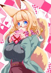 Rule 34 | 1girl, amino dopple, animal ears, blonde hair, blue coat, blue eyes, blush, box, breasts, breasts squeezed together, coat, covered mouth, enpera, fox ears, fox tail, gift, gift box, glasses, grey sweater, hands up, heart, holding, holding gift, honami mikura (amino dopple), hood, hooded coat, large breasts, long sleeves, looking at viewer, open clothes, open coat, original, pink scarf, red-framed eyewear, red skirt, ribbed sweater, scarf, semi-rimless eyewear, skirt, solo, sweater, tail, under-rim eyewear, upper body, valentine