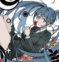 Rule 34 | 1girl, black jacket, black skirt, blue eyes, blue hair, blue nails, blush, collared shirt, flower, formal, hatsune miku, highres, holding, holding flower, inu totemo, jacket, long hair, looking at viewer, miniskirt, necktie, saihate (vocaloid), shirt, skirt, solo, sparkle, suit, twintails, very long hair, vocaloid, white shirt