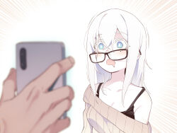 Rule 34 | 1boy, 1girl, asutora, asutora-chan, black-framed eyewear, blue eyes, breasts, brown sweater, cellphone, cleavage, collarbone, commentary request, drooling, glasses, hypnosis, medium breasts, medium hair, mind control, mole, mole under eye, off shoulder, open mouth, original, phone, sweater, white hair