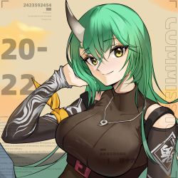 Rule 34 | 1girl, absurdres, arknights, armband, black shirt, blouse, breasts, chinese text, closed mouth, clothing cutout, commission, english text, green hair, hair between eyes, hand in own hair, highres, horns, hoshiguma (arknights), hoshiguma (ronin huntress) (arknights), jewelry, large breasts, long hair, long sleeves, looking at viewer, necklace, official alternate costume, qingshiliu, shirt, shoulder cutout, single horn, skin-covered horns, smile, solo, taut clothes, taut shirt, turtleneck, upper body, yellow eyes