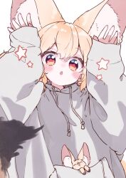Rule 34 | 1girl, animal, animal ear fluff, animal ears, animal in clothes, animal request, arms up, blonde hair, blush, commentary request, drawstring, hair between eyes, highres, in pocket, long sleeves, looking at viewer, megateru, original, parted lips, puffy long sleeves, puffy sleeves, red eyes, simple background, sleeves past wrists, solo, star (symbol), tail, upper body, white background