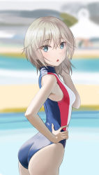 Rule 34 | 1girl, :o, anastasia (idolmaster), ass, bare arms, bare shoulders, blue eyes, blue one-piece swimsuit, blush, breasts, commentary request, competition swimsuit, cowboy shot, day, from side, grey hair, hand in own hair, hand on own hip, hand up, idolmaster, idolmaster cinderella girls, looking at viewer, looking to the side, one-piece swimsuit, open mouth, outdoors, pool, poolside, short hair, small breasts, solo, swimsuit, taka (takahirokun), water