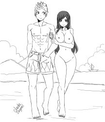 Rule 34 | 1boy, 1girl, abs, arm under breasts, artist name, beach, boat, breasts, claudia dragneel, closed mouth, clothed male nude female, cloud, collarbone, completely nude, couple, crossover, eyebrows, feet, final fantasy, final fantasy vii, final fantasy vii remake, full body, hand in pocket, hand on another&#039;s arm, highres, jaune arc, large breasts, legs, long hair, looking at another, looking at viewer, navel, nipples, nude, nudist, outdoors, pectorals, pectorals, pussy, rooster teeth, rwby, sailboat, short hair, sketch, square enix, standing, stomach, swimsuit, thighs, tifa lockhart, toes, walking, watercraft
