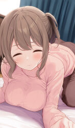 1girl all_fours blush breasts brown_hair brown_pants closed_eyes curtains hanging_breasts highres indoors komone_ushio large_breasts long_sleeves on_bed one_side_up original pants pink_sweater sidelocks solo sweater