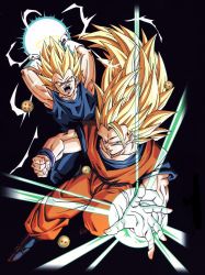 Rule 34 | 2boys, attack ball, black background, blonde hair, boots, dougi, dragon ball, dragon ball (object), dragonball z, energy, fighting stance, gloves, green eyes, highres, incoming attack, long hair, looking at viewer, multiple boys, official art, open mouth, outstretched hand, serious, short hair, son goku, spiked hair, vegeta, very long hair, wristband