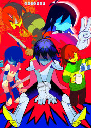 Rule 34 | 1other, ?, armor, armored boots, black hair, blood, blue hair, blue skin, bodysuit, boots, brown hair, cape, cellphone, closed mouth, colored skin, commentary, cup, deltarune, evil grin, evil smile, grin, hair between eyes, highres, holdin, holding, holding cup, knife, kris (deltarune), long sleeves, milk carton, mug, multiple views, open mouth, phone, pouring, red eyes, senjochi janai, signature, simple background, sitting, smile, sweater, symbol-only commentary, turtleneck, turtleneck sweater, v, white footwear, yellow skin