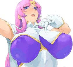 Rule 34 | 00s, 1girl, bad perspective, blue eyes, breasts, covered erect nipples, gloves, gundam, gundam seed, gundam seed destiny, highres, huge breasts, long hair, meer campbell, minakami (flyingman555), pink hair, simple background, smile, solo, white background
