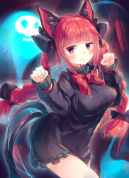 1girl, absurdres, animal ear fluff, animal ears, bangs, black bow, black dress, blunt bangs, blush, bow, bowtie, braid, breasts, cat ears, cat tail, closed mouth, commentary request, cowboy shot, dark background, dress, eyebrows visible through hair, fang, hair bow, hair ribbon, highres, hitodama, kaenbyou rin, kanzakietc, large breasts, long hair, looking at viewer, multiple tails, nekomata, paw pose, red bow, red eyes, red hair, red neckwear, ribbon, sidelocks, simple background, skin fang, skull, solo, tail, touhou, tress ribbon, twin braids, twintails, two tails, very long hair