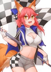 Rule 34 | 1girl, adapted costume, animal ear fluff, animal ears, blush, breasts, cleavage, cleavage cutout, closed umbrella, clothes writing, clothing cutout, commentary request, elbow gloves, fate/extra, fate/extra ccc, fate/grand order, fate (series), fox ears, fox girl, fox tail, gloves, kordessa, large breasts, looking at viewer, midriff, navel, official alternate costume, open mouth, pink hair, race queen, simple background, solo, tail, tamamo (fate), tamamo no mae (fate/extra), tamamo no mae (type-moon racing) (fate), umbrella, white background, yellow eyes