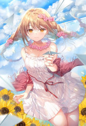 Rule 34 | 1girl, bare shoulders, braid, brown hair, character request, closed mouth, dress, floating hair, flower, flower necklace, hair flower, hair ornament, highres, holding, jacket, jewelry, liver city, long hair, looking at viewer, low twintails, miwabe sakura, necklace, off shoulder, open clothes, open jacket, orange eyes, paper airplane, red jacket, sleeveless, sleeveless dress, smile, solo, spaghetti strap, sundress, sunflower, twin braids, twintails, white dress