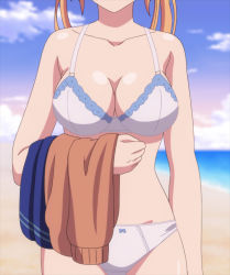 Rule 34 | 1girl, beach, breasts, cleavage, cloud, highres, large breasts, navel, ocean, onishima homare, outdoors, sand, screencap, sky, solo, sounan desuka?, standing, stitched, third-party edit, water