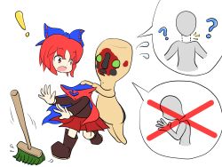 Rule 34 | !, ?, bow, bowtie, broom, cape, crossover, disembodied head, flying sweatdrops, hair bow, highres, red cape, red eyes, red hair, refreshing (artist), scp-173, scp foundation, sekibanki, soukai, surprised, touhou, transparent background
