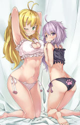 Rule 34 | 2girls, ;), ahoge, antenna hair, ass, bare arms, bare legs, bare shoulders, barefoot, bed sheet, bell, black panties, blonde hair, bra, breasts, cat cutout, cat ear panties, cat lingerie, choker, cleavage, cleavage cutout, closed mouth, clothing cutout, curtains, eyebrows, frilled bra, frills, from behind, frown, green eyes, groin, height difference, highres, hip focus, jingle bell, kanzen bouon, kneeling, kneepits, large breasts, long hair, looking at viewer, looking back, low twintails, meme attire, midriff, multiple girls, navel, one eye closed, panties, paw print, pom pom (clothes), purple eyes, purple hair, purple ribbon, ribbon, short hair with long locks, side-tie panties, smile, soles, stomach, tareme, toes, tsurumaki maki, twintails, underwear, underwear only, very long hair, vocaloid, voiceroid, white bra, white panties, white ribbon, yuzuki yukari
