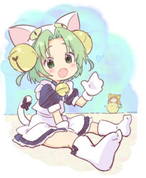 Rule 34 | 2girls, :d, animal ears, animal hat, apron, bell, blue bow, blue dress, blush, boots, bow, brown hair, cat ears, cat hat, cat tail, collared dress, dejiko, di gi charat, dress, fake animal ears, fang, gema, gloves, green eyes, green hair, hair bell, hair ornament, hand up, hat, heart, jigatei (omijin), jingle bell, knee boots, looking at viewer, maid apron, multiple girls, open mouth, parted bangs, puchiko, puffy short sleeves, puffy sleeves, shoe soles, short sleeves, sitting, smile, solo focus, tail, tail bow, tail ornament, translation request, white apron, white footwear, white gloves, white headwear