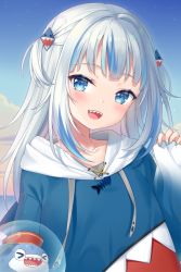 Rule 34 | 1girl, animal hood, bloop (gawr gura), blue eyes, blue hair, blue nails, blush, bubble, collarbone, commentary request, eyebrows, eyelashes, fingernails, gawr gura, gawr gura (1st costume), hair ornament, hand up, highres, hololive, hololive english, hood, hoodie, long hair, long sleeves, looking at viewer, md5 mismatch, moorina, multicolored hair, nail polish, open mouth, resolution mismatch, shark, shark hood, shark print, sharp teeth, sidelocks, smile, source larger, teeth, twintails, two side up, upper body, virtual youtuber, white hair