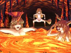 Rule 34 | 3girls, :d, barefoot, bathing, beckoning, blonde hair, breasts, broom, cave, cleavage, closed eyes, collarbone, commentary request, holding, holding broom, horns, hoshiguma yuugi, ibuki suika, kirisame marisa, long hair, looking at another, lava, multiple girls, naked towel, nude, object on head, oni, open mouth, orange hair, partially submerged, single horn, smile, standing, sunnysideup, touhou, towel, |d